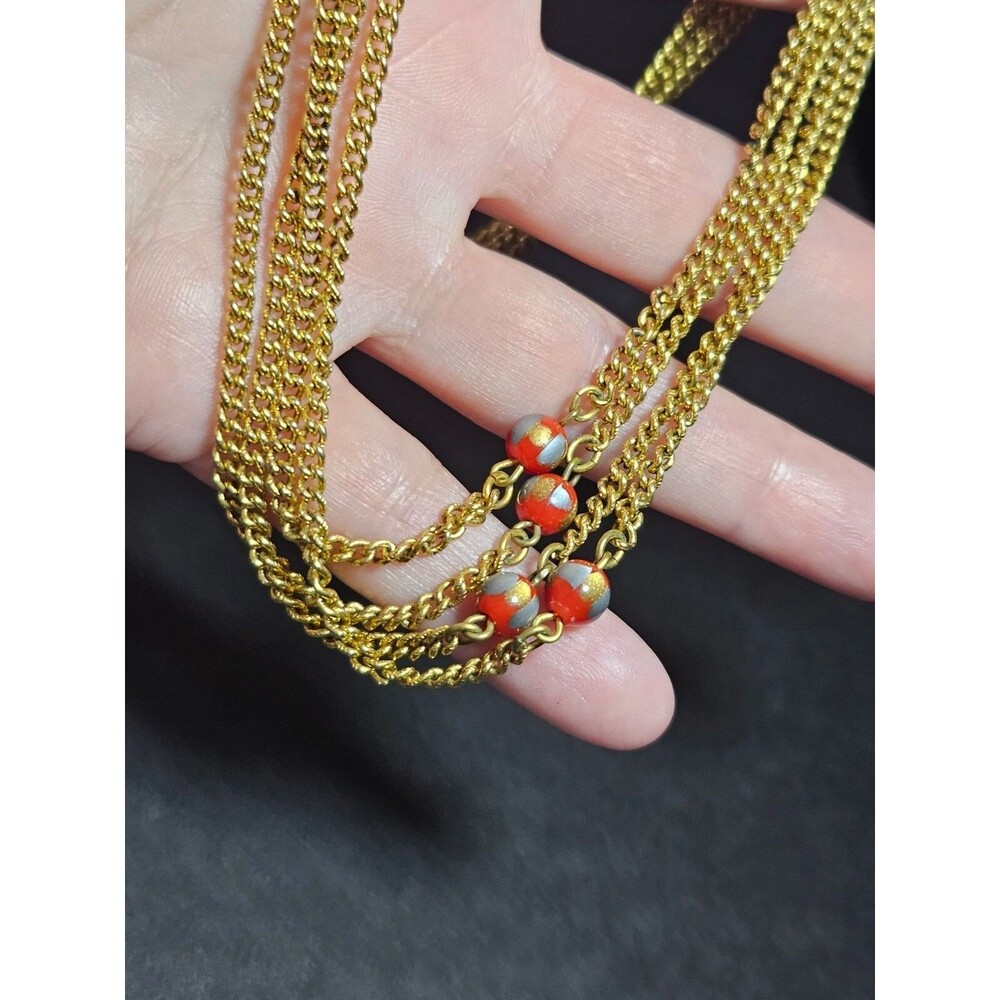 Vintage Freirich Gold Tone With Red Silver Gold Glass Bead Necklace 60"